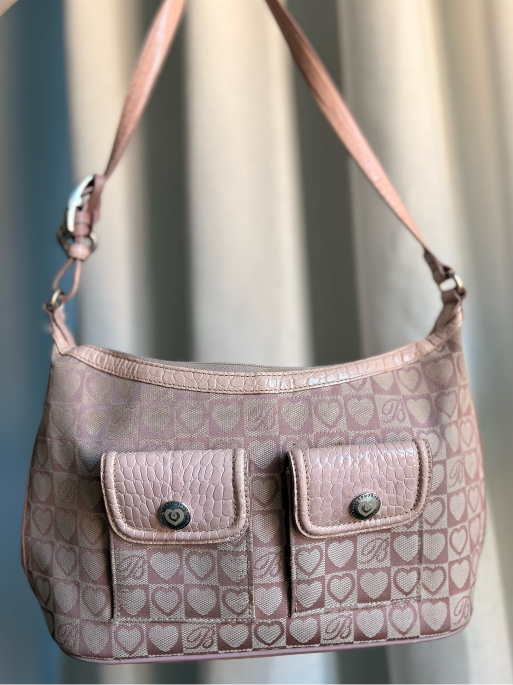 Vintage Brighton Pink Heart Monogram Shoulder Hobo Bag Croc Pocket Y2K Purse